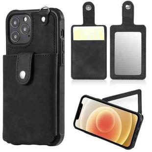 For iPhone 12 / 12 Pro Shockproof Protective Case with Mirror & Card Slot & Short Lanyard(Black)