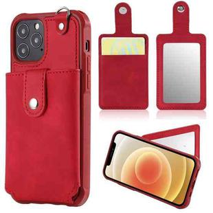 For iPhone 12 / 12 Pro Shockproof Protective Case with Mirror & Card Slot & Short Lanyard(Red)