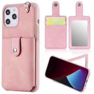 For iPhone 12 Pro Max Shockproof Protective Case with Mirror & Card Slot & Short Lanyard(Pink)