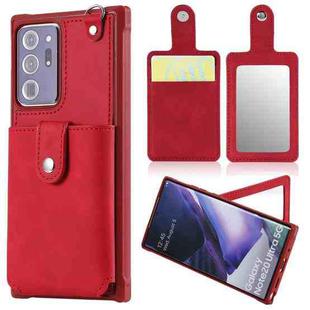 For Samsung Galaxy Note20 Ultra Shockproof Protective Case with Mirror & Card Slot & Short Lanyard(Red)