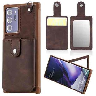 For Samsung Galaxy Note20 Ultra Shockproof Protective Case with Mirror & Card Slot & Short Lanyard(Coffee)