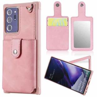 For Samsung Galaxy Note20 Ultra Shockproof Protective Case with Mirror & Card Slot & Short Lanyard(Pink)