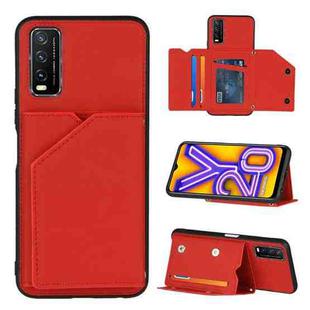 For vivo Y20 Skin Feel PU + TPU + PC Back Cover Shockproof Case with Card Slots & Holder & Photo Frame(Red)