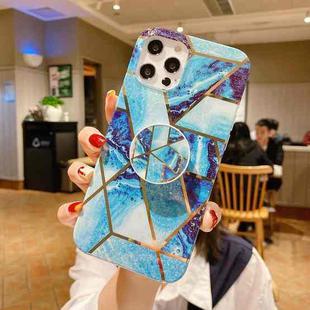 For iPhone 11 Marble Pattern Shockproof Protective Case with  Holder(Blue)