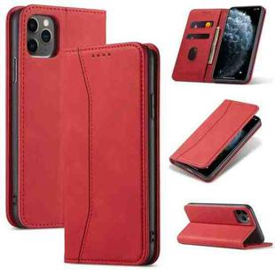 For iPhone 11 Pro Max Skin-feel Calfskin Texture Magnetic Dual-Fold Horizontal Flip Leather Case with Holder & Card Slots & Wallet (Red)
