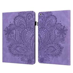 For iPad 10.2 2021 / 2020 / 2019 Peacock Embossed Pattern TPU + PU Horizontal Flip Leather Case with Holder & Card Slots & Wallet & Sleep / Wake-up Function(Purple)