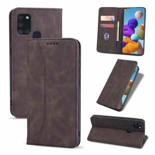 For Samsung Galaxy A21s Skin-feel Calfskin Texture Magnetic Dual-Fold Horizontal Flip Leather Case with Holder & Card Slots & Wallet(Coffee)