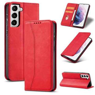 For Samsung Galaxy S21+ 5G Skin-feel Calfskin Texture Magnetic Dual-Fold Horizontal Flip Leather Case with Holder & Card Slots & Wallet(Red)