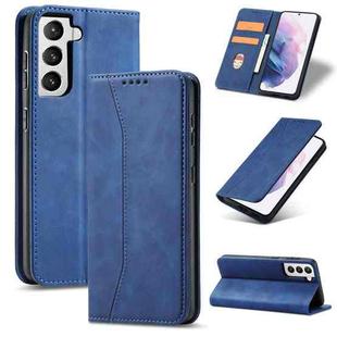 For Samsung Galaxy S21+ 5G Skin-feel Calfskin Texture Magnetic Dual-Fold Horizontal Flip Leather Case with Holder & Card Slots & Wallet(Blue)