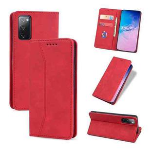 For Samsung Galaxy S20 FE Skin-feel Calfskin Texture Magnetic Dual-Fold Horizontal Flip Leather Case with Holder & Card Slots & Wallet(Red)