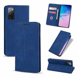 For Samsung Galaxy S20 FE Skin-feel Calfskin Texture Magnetic Dual-Fold Horizontal Flip Leather Case with Holder & Card Slots & Wallet(Blue)