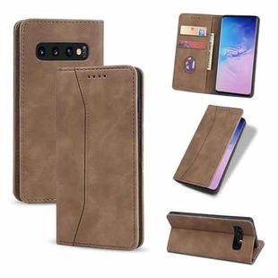 For Samsung Galaxy S10e Skin-feel Calfskin Texture Magnetic Dual-Fold Horizontal Flip Leather Case with Holder & Card Slots & Wallet(Brown)