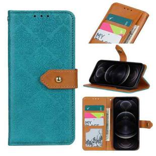 For iPhone 12 / 12 Pro European Floral Embossed Copper Buckle Horizontal Flip PU Leather Case with Holder & Card Slots & Wallet & Photo Frame(Blue)
