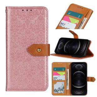 For iPhone 12 / 12 Pro European Floral Embossed Copper Buckle Horizontal Flip PU Leather Case with Holder & Card Slots & Wallet & Photo Frame(Pink)