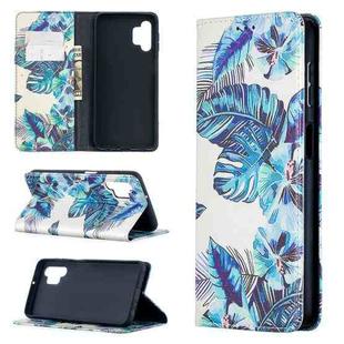 For Samsung Galaxy A32 5G Colored Drawing Pattern Invisible Magnetic Horizontal Flip PU Leather Case with Holder & Card Slots & Wallet(Blue Leaf)