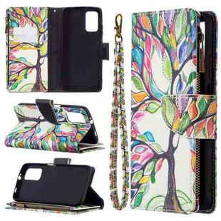 For Xiaomi Poco M3 Colored Drawing Pattern Zipper Horizontal Flip Leather Case with Holder & Card Slots & Wallet(Tree)