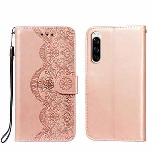 For Sony Xperia 5 Flower Vine Embossing Pattern Horizontal Flip Leather Case with Card Slot & Holder & Wallet & Lanyard(Rose Gold)
