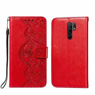 For Xiaomi Redmi 9 Flower Vine Embossing Pattern Horizontal Flip Leather Case with Card Slot & Holder & Wallet & Lanyard(Red)