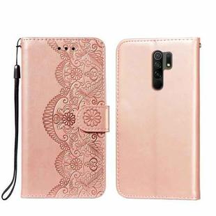 For Xiaomi Redmi 9 Flower Vine Embossing Pattern Horizontal Flip Leather Case with Card Slot & Holder & Wallet & Lanyard(Rose Gold)