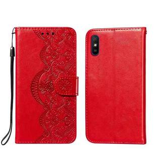 For Xiaomi Redmi 9A Flower Vine Embossing Pattern Horizontal Flip Leather Case with Card Slot & Holder & Wallet & Lanyard(Red)
