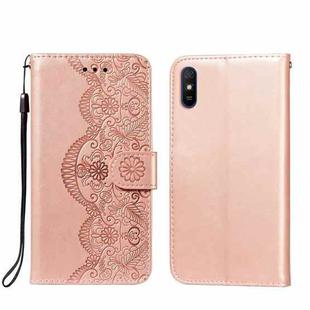 For Xiaomi Redmi 9A Flower Vine Embossing Pattern Horizontal Flip Leather Case with Card Slot & Holder & Wallet & Lanyard(Rose Gold)