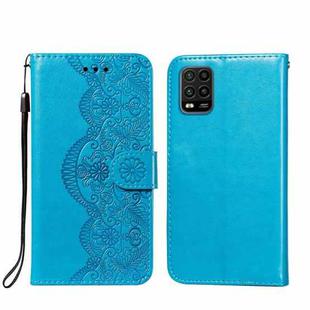 For Xiaomi Mi 10 Lite Flower Vine Embossing Pattern Horizontal Flip Leather Case with Card Slot & Holder & Wallet & Lanyard(Blue)