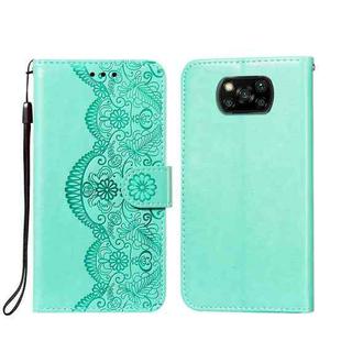 For Xiaomi Poco X3 NFC Flower Vine Embossing Pattern Horizontal Flip Leather Case with Card Slot & Holder & Wallet & Lanyard(Green)