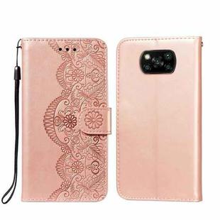 For Xiaomi Poco X3 NFC Flower Vine Embossing Pattern Horizontal Flip Leather Case with Card Slot & Holder & Wallet & Lanyard(Rose Gold)