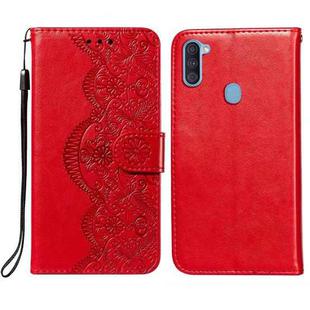 For Samsung  Galaxy A11 / M11 Flower Vine Embossing Pattern Horizontal Flip Leather Case with Card Slot & Holder & Wallet & Lanyard(Red)