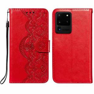 For Samsung Galaxy S20 Ultra Flower Vine Embossing Pattern Horizontal Flip Leather Case with Card Slot & Holder & Wallet & Lanyard(Red)
