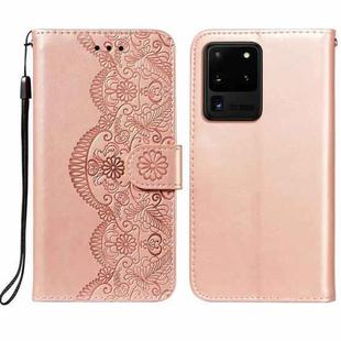 For Samsung Galaxy S20 Ultra Flower Vine Embossing Pattern Horizontal Flip Leather Case with Card Slot & Holder & Wallet & Lanyard(Rose Gold)