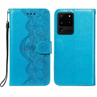 For Samsung Galaxy S20 Ultra Flower Vine Embossing Pattern Horizontal Flip Leather Case with Card Slot & Holder & Wallet & Lanyard(Blue)