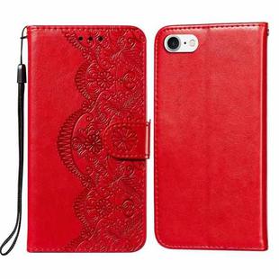 For iPhone SE 2022 / SE 2020 / 8 / 7 Flower Vine Embossing Pattern Horizontal Flip Leather Case with Card Slot & Holder & Wallet & Lanyard(Red)