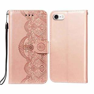 For iPhone SE 2022 / SE 2020 / 8 / 7 Flower Vine Embossing Pattern Horizontal Flip Leather Case with Card Slot & Holder & Wallet & Lanyard(Rose Gold)