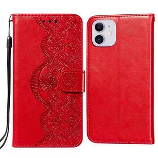 For iPhone 12 mini Flower Vine Embossing Pattern Horizontal Flip Leather Case with Card Slot & Holder & Wallet & Lanyard (Red)
