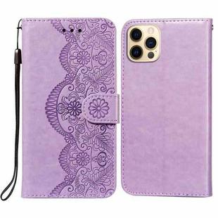 Flower Vine Embossing Pattern Horizontal Flip Leather Case with Card Slot & Holder & Wallet & Lanyard For iPhone 12 / 12 Pro(Purple)