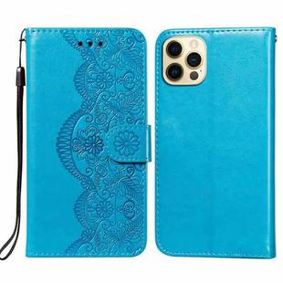 Flower Vine Embossing Pattern Horizontal Flip Leather Case with Card Slot & Holder & Wallet & Lanyard For iPhone 12 / 12 Pro(Blue)