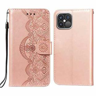 Flower Vine Embossing Pattern Horizontal Flip Leather Case with Card Slot & Holder & Wallet & Lanyard For iPhone 12 Pro Max(Rose Gold)