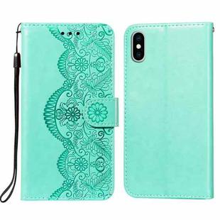 Flower Vine Embossing Pattern Horizontal Flip Leather Case with Card Slot & Holder & Wallet & Lanyard For iPhone X/ XS(Green)