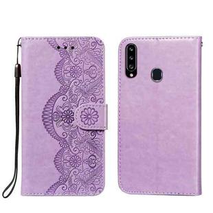 For Samsung Galaxy A20s Flower Vine Embossing Pattern Horizontal Flip Leather Case with Card Slot & Holder & Wallet & Lanyard(Purple)