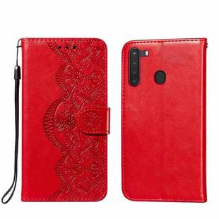 For Samsung Galaxy A21 Flower Vine Embossing Pattern Horizontal Flip Leather Case with Card Slot & Holder & Wallet & Lanyard(Red)