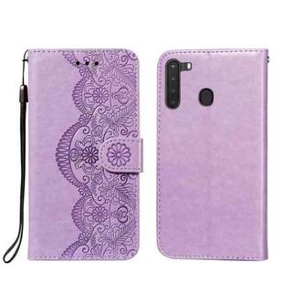 For Samsung Galaxy A21 Flower Vine Embossing Pattern Horizontal Flip Leather Case with Card Slot & Holder & Wallet & Lanyard(Purple)