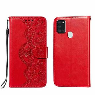 For Samsung Galaxy A21s Flower Vine Embossing Pattern Horizontal Flip Leather Case with Card Slot & Holder & Wallet & Lanyard(Red)