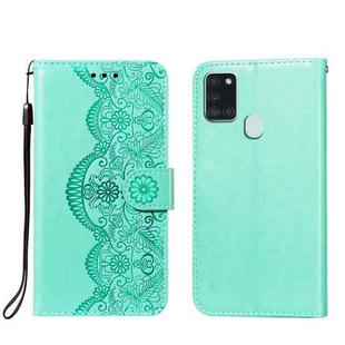 For Samsung Galaxy A21s Flower Vine Embossing Pattern Horizontal Flip Leather Case with Card Slot & Holder & Wallet & Lanyard(Green)