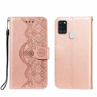 For Samsung Galaxy A21s Flower Vine Embossing Pattern Horizontal Flip Leather Case with Card Slot & Holder & Wallet & Lanyard(Rose Gold)