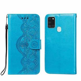 For Samsung Galaxy A21s Flower Vine Embossing Pattern Horizontal Flip Leather Case with Card Slot & Holder & Wallet & Lanyard(Blue)