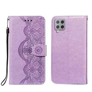 For Samsung Galaxy A42 5G Flower Vine Embossing Pattern Horizontal Flip Leather Case with Card Slot & Holder & Wallet & Lanyard(Purple)