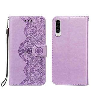For Samsung Galaxy A70s Flower Vine Embossing Pattern Horizontal Flip Leather Case with Card Slot & Holder & Wallet & Lanyard(Purple)