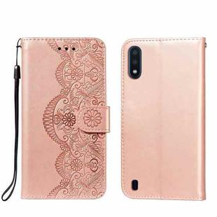 For Samsung Galaxy M01 Flower Vine Embossing Pattern Horizontal Flip Leather Case with Card Slot & Holder & Wallet & Lanyard(Rose Gold)