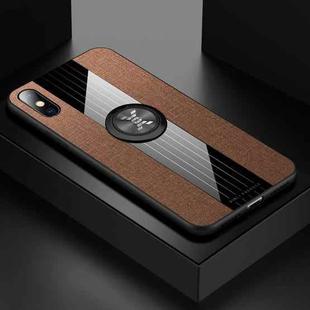 For iPhone X / XS XINLI Stitching Cloth Texture Shockproof TPU Protective Case with Ring Holder(Brown)